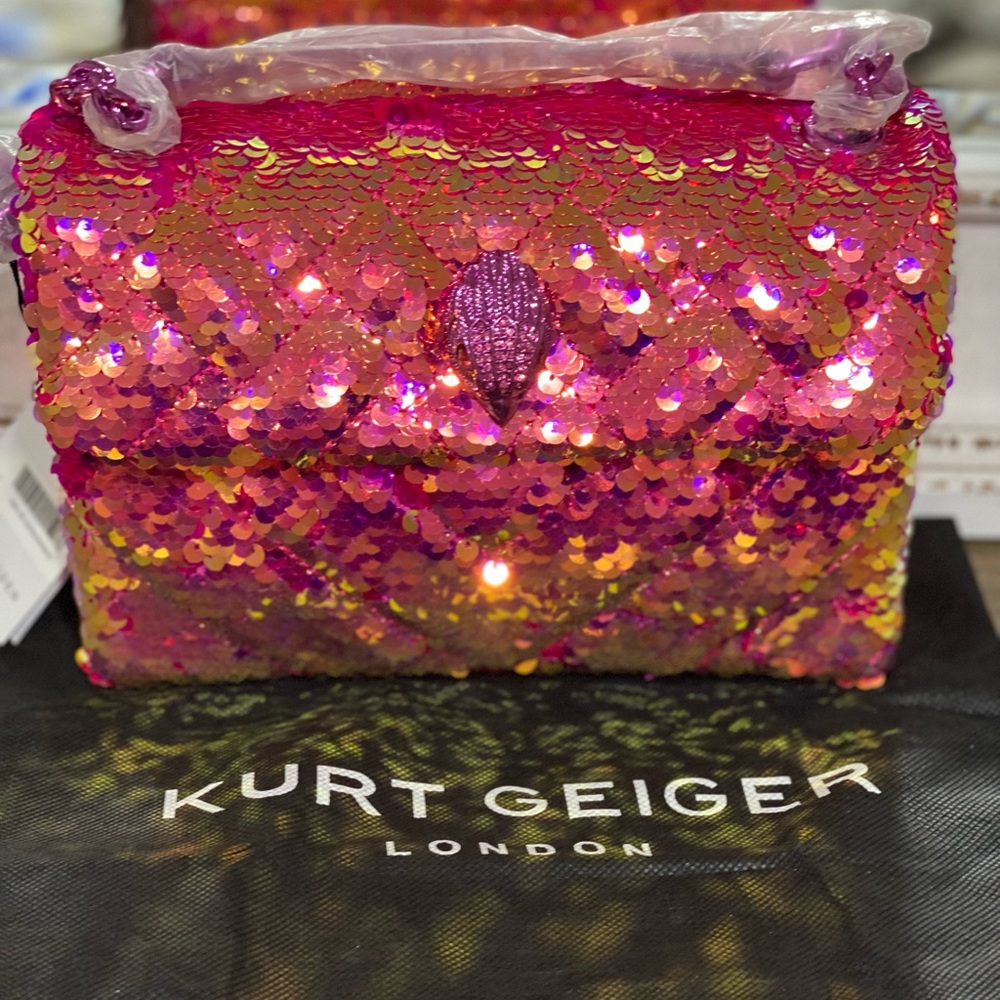 NWT KURT GEIGER LONDON Kensington Bright Pink Sequins Quilted Crossbody Bag
